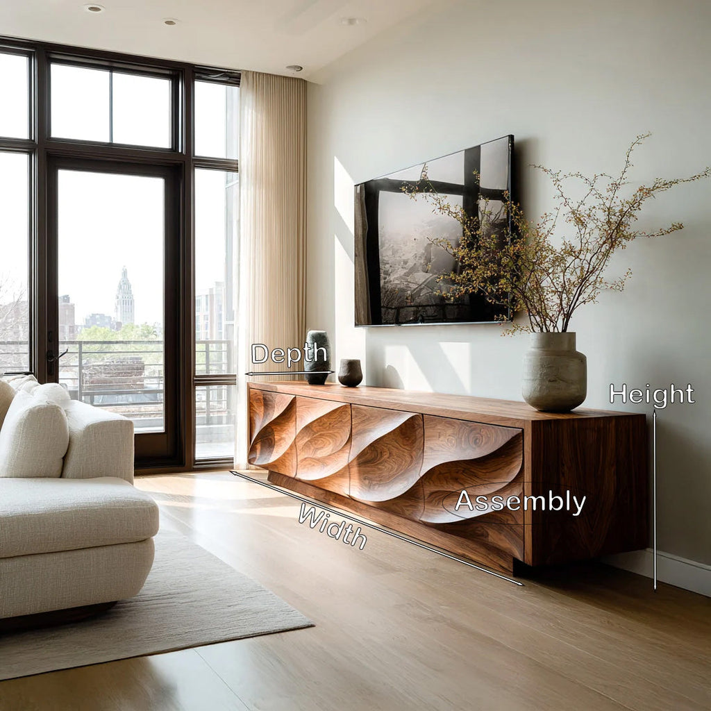 Solid Wood TV Cabinet with Carved Wave Doors - view 2