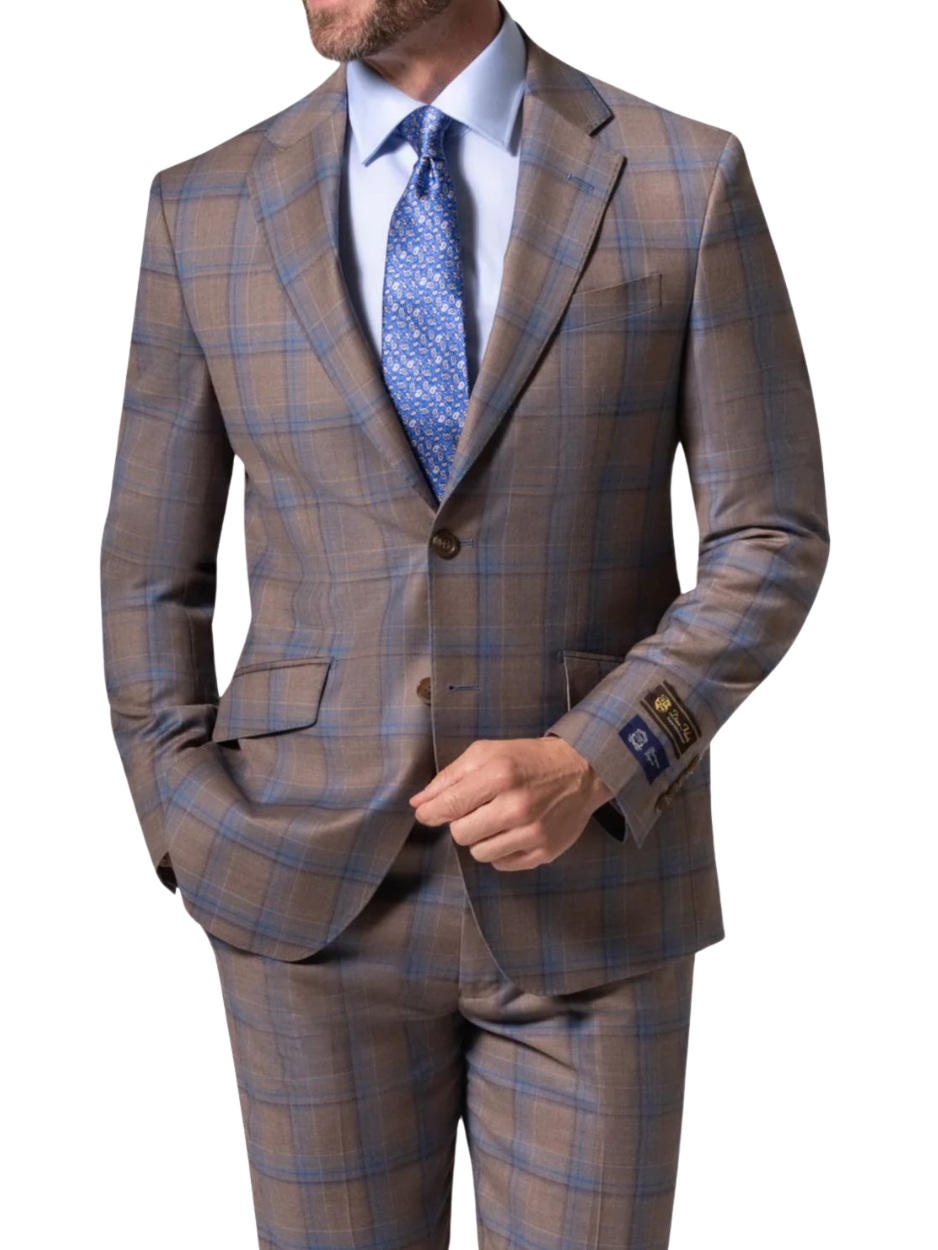 Men's Brown Plaid Modern Fit Wool 2-Piece Suit