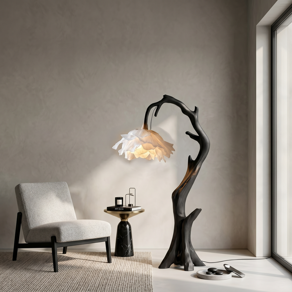 Flower Floor Lamp with Handcrafted Solid Wood Base in Black finish