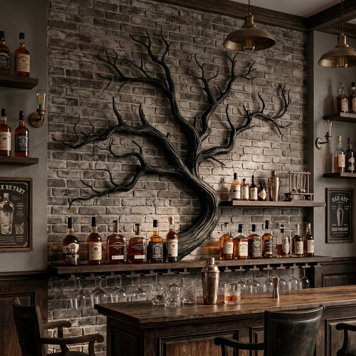 Monkey Pod Wood Tree Branch Wine Rack and Wall Shelf in Black finish