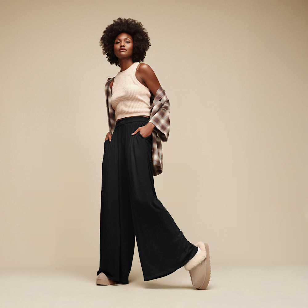 Women's Ribbed Wide-Leg Pants - Black