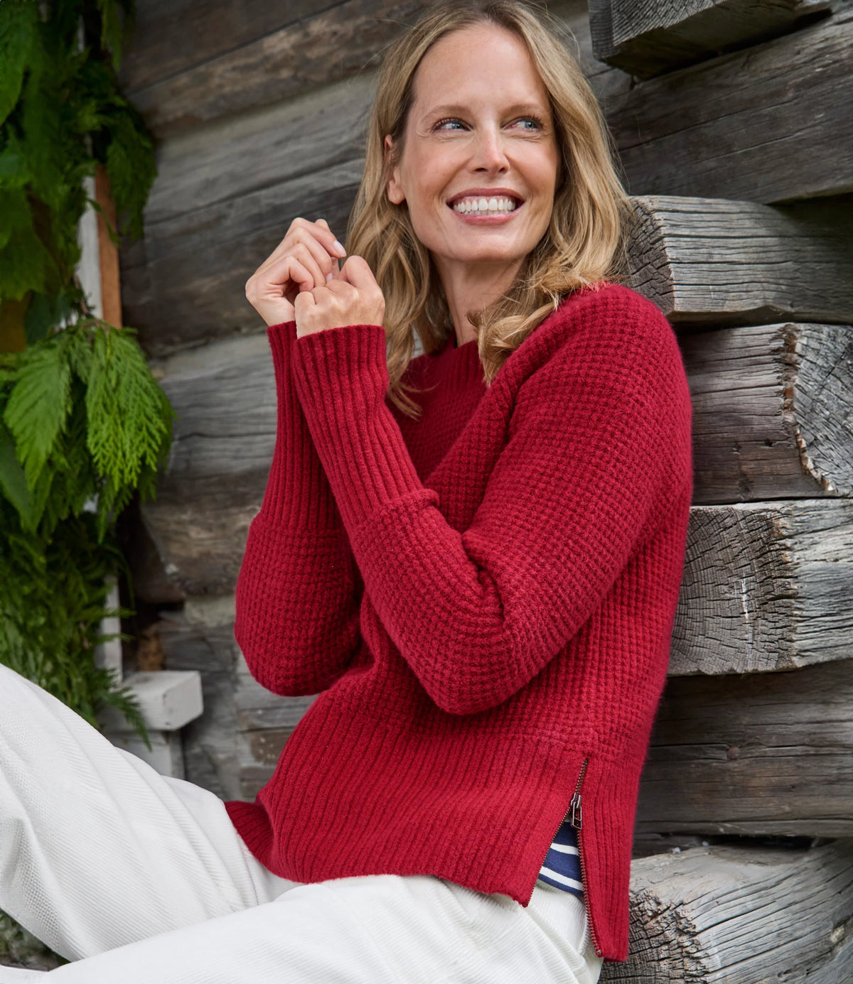Women's Waffle Crewneck Sweater - Rustic Red