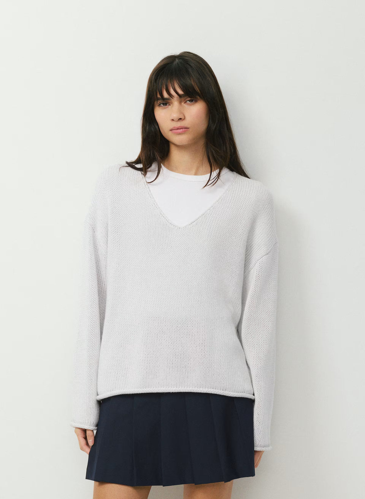 Cotton Cashmere Hip-Length Sweater - Navy