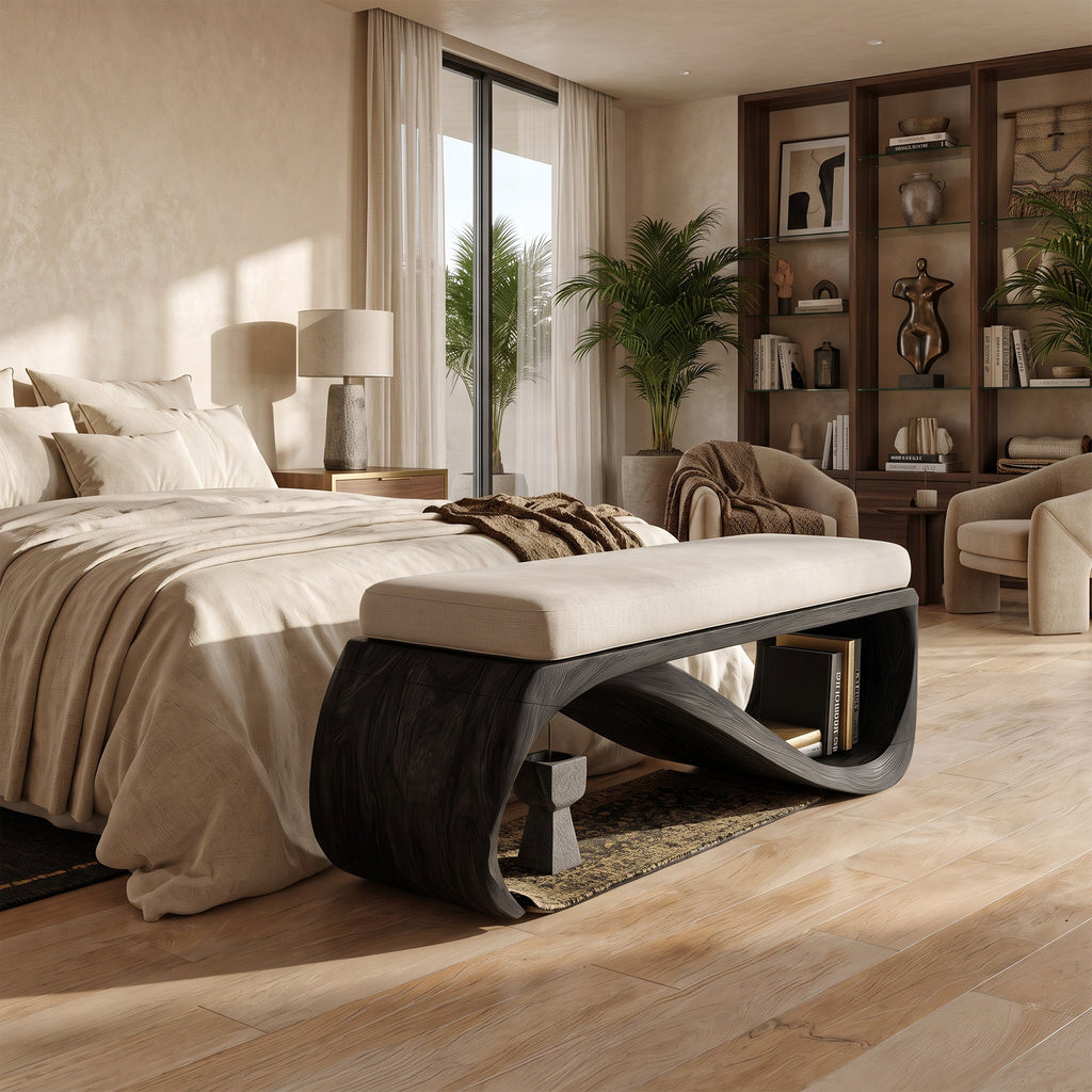 Mid-Century Solid Wood End-of-Bed Bench with Clean Lines in Black finish