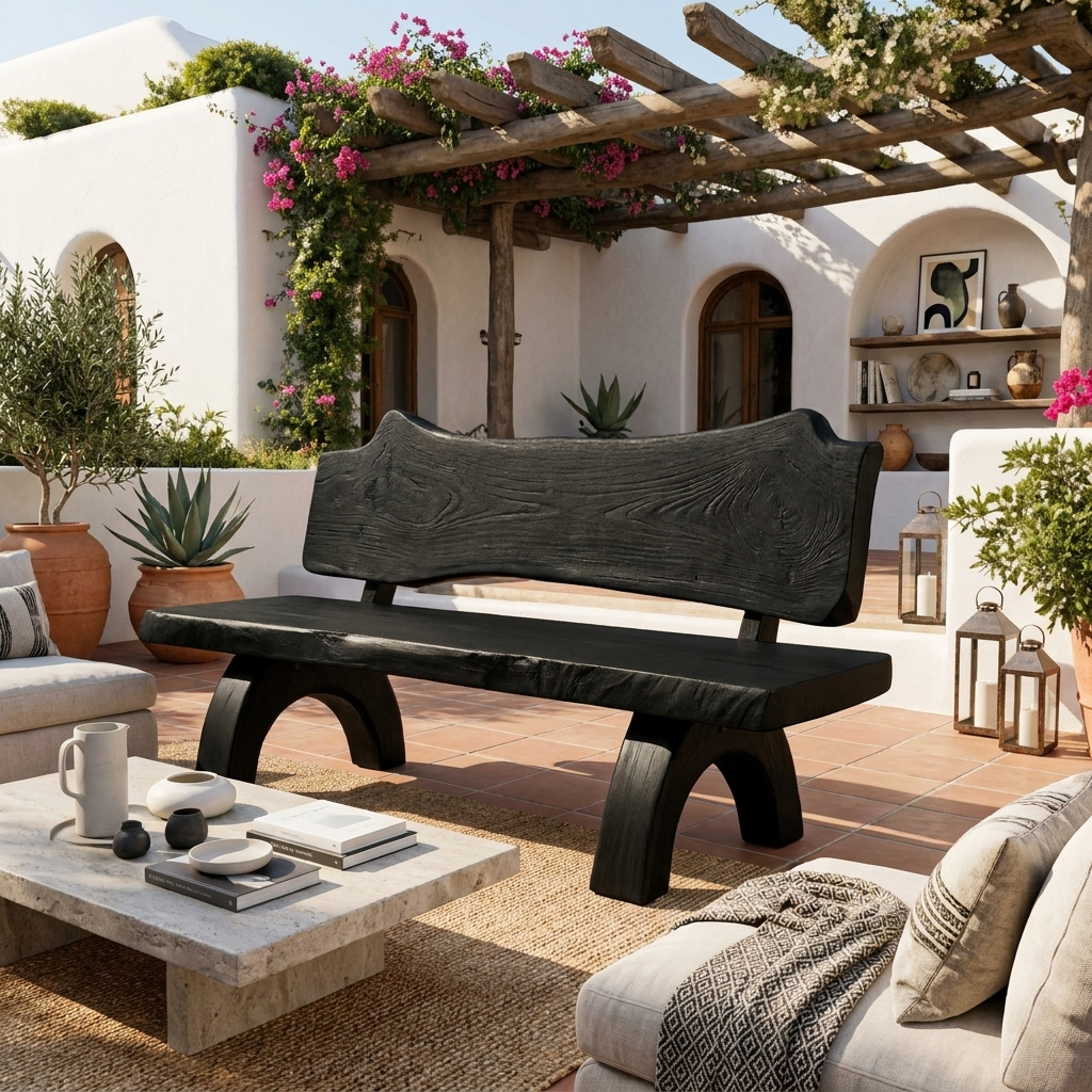 Rustic Live Edge Solid Wood Bench with Backrest for Patio in Black finish