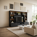Solid Wood TV Wall Unit with LED Lit Shelves and Cabinets in Black finish