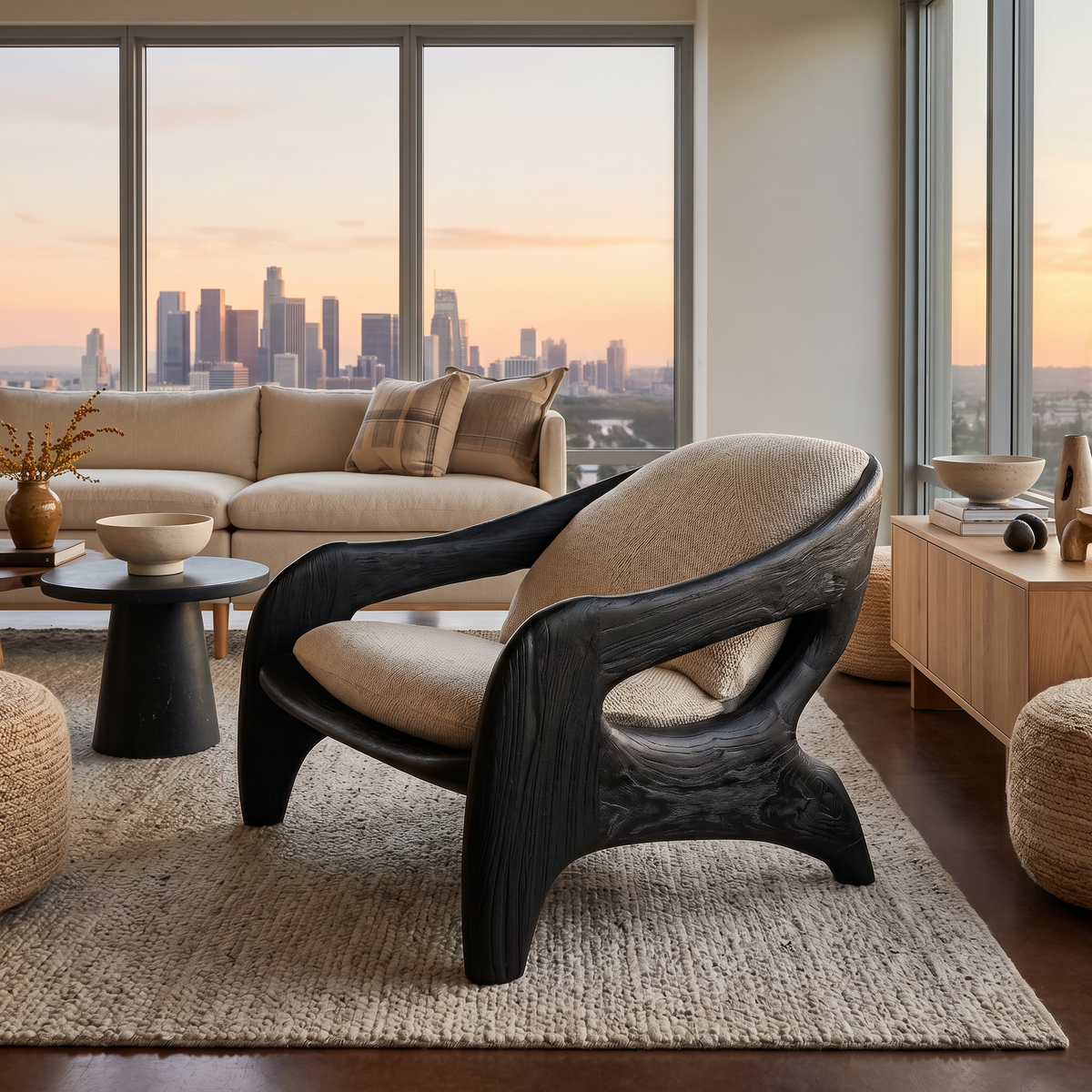 Sculptural Solid Wood Accent Chair with Upholstered Seat in Black finish