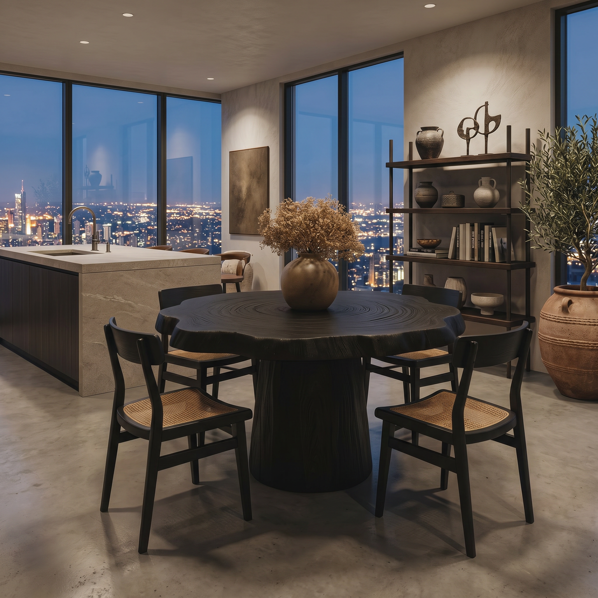 Round Solid Wood Pedestal Dining Table with Sculpted Base in Black finish