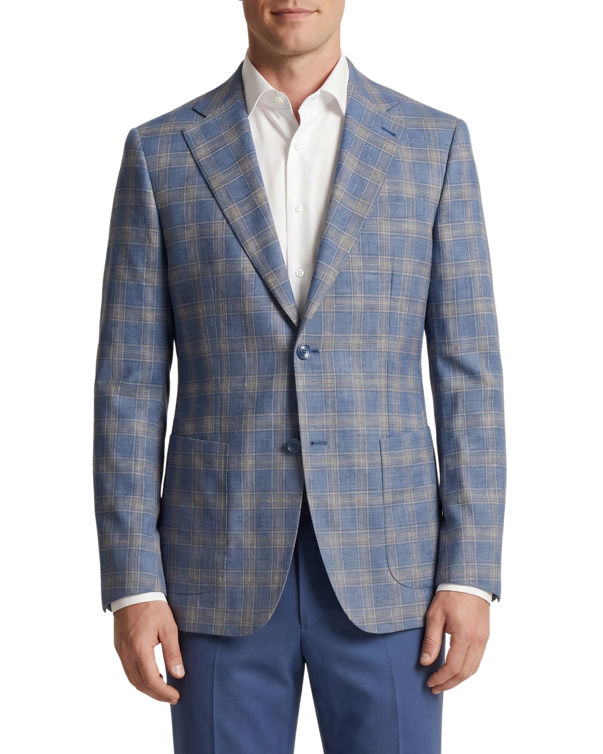 Men's Blue Windowpane Tailored Fit Potch Pockets 2-Button Sport Coat