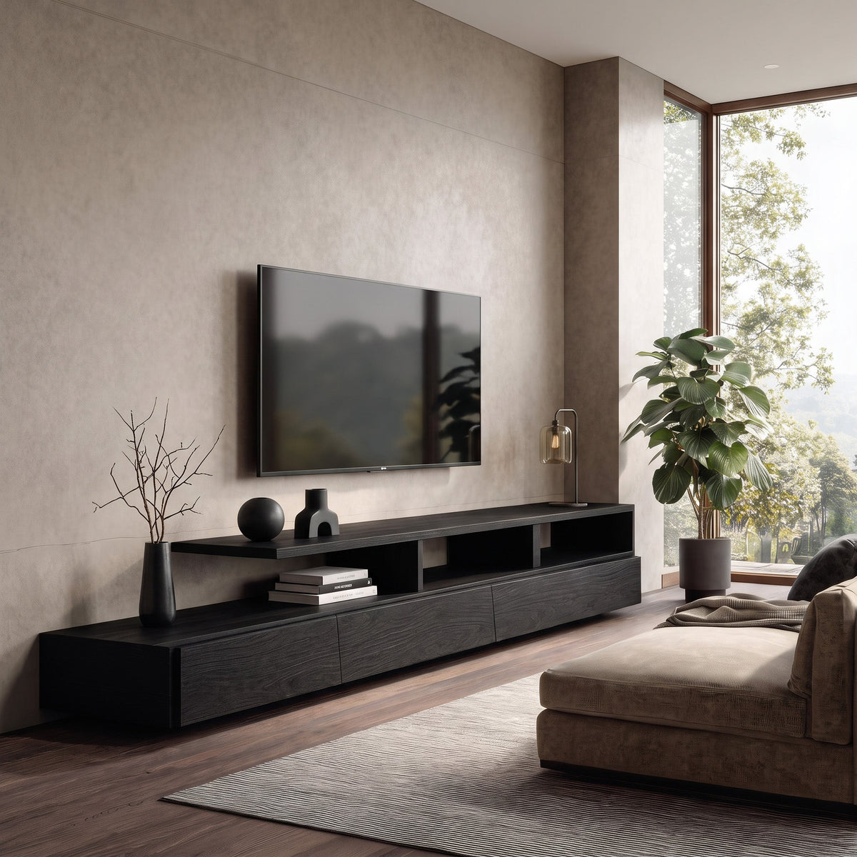 Low Solid Wood TV Console with Open Shelves and Cabinets in Black finish