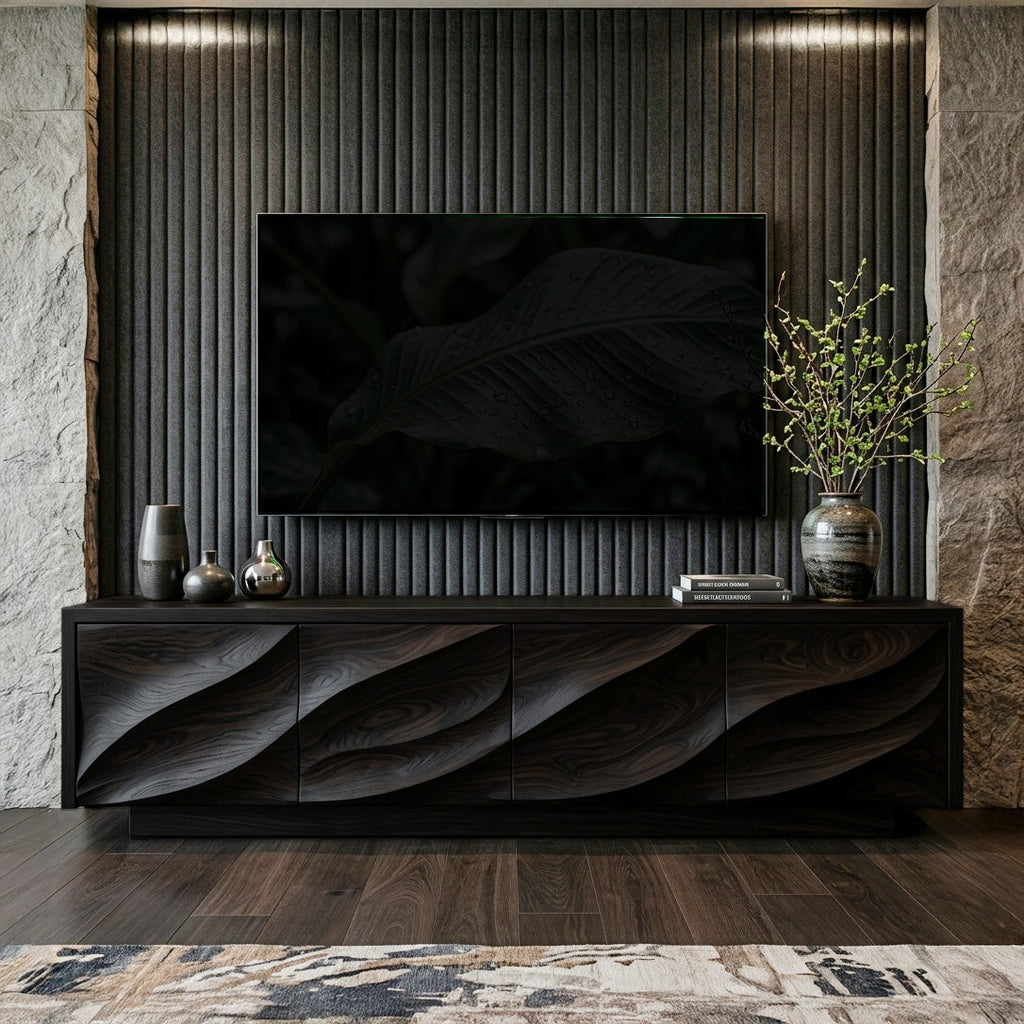 Solid Wood TV Cabinet with Carved Wave Doors in Black finish