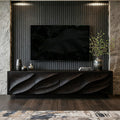 Solid Wood TV Cabinet with Carved Wave Doors in Black finish