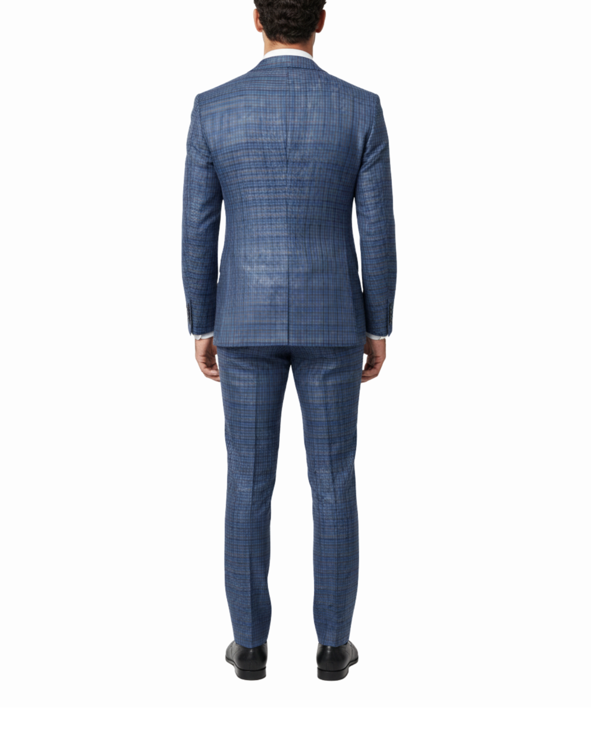 Men's Blue Brown Check Slim Fit Wool 2-Button Suit