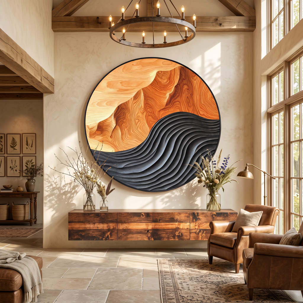 Hand-Carved Solid Hardwood Wave Wall Sculpture, Mid-Century Style - view 3