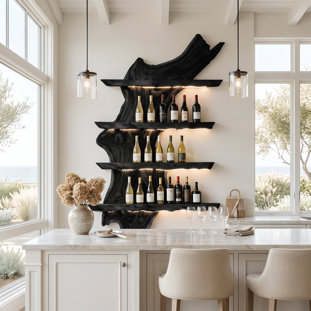 Monkey Pod Wood Wall Wine Rack in Mid-Century Style in Black finish