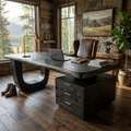Minimalist Solid Wood Desk with Drawers and Curved Base in Black finish