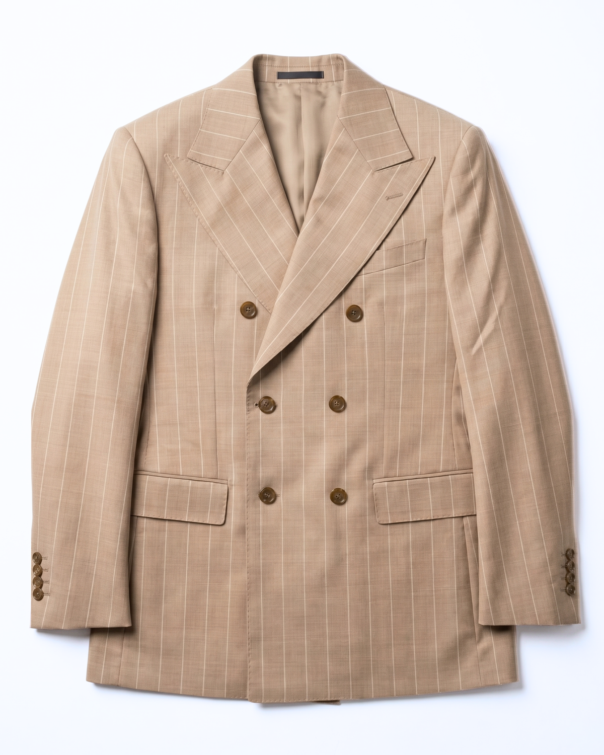 Men's Beige Pinstripe Modern Fit Peak Lapel Double Breasted Wool Suit