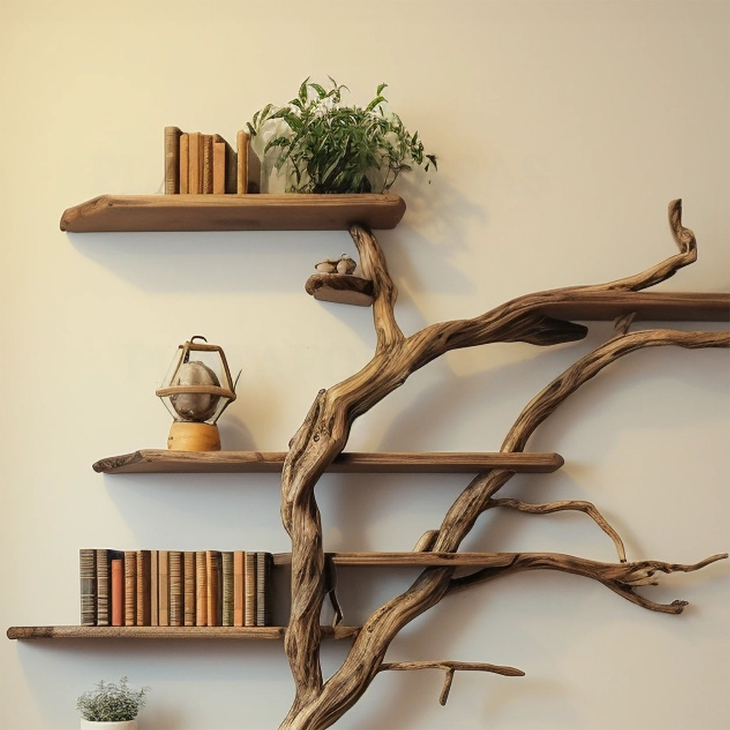 Narrow Corner Tree Branch Wall Shelf in Dark Brown, 84 in Tall - view 3