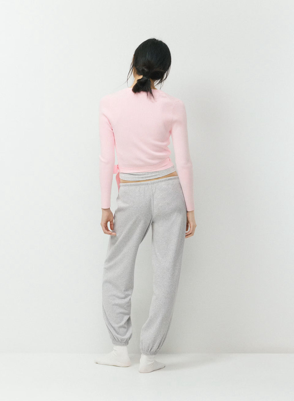 Wrap-Style Waist-Length Knit Top - Pink