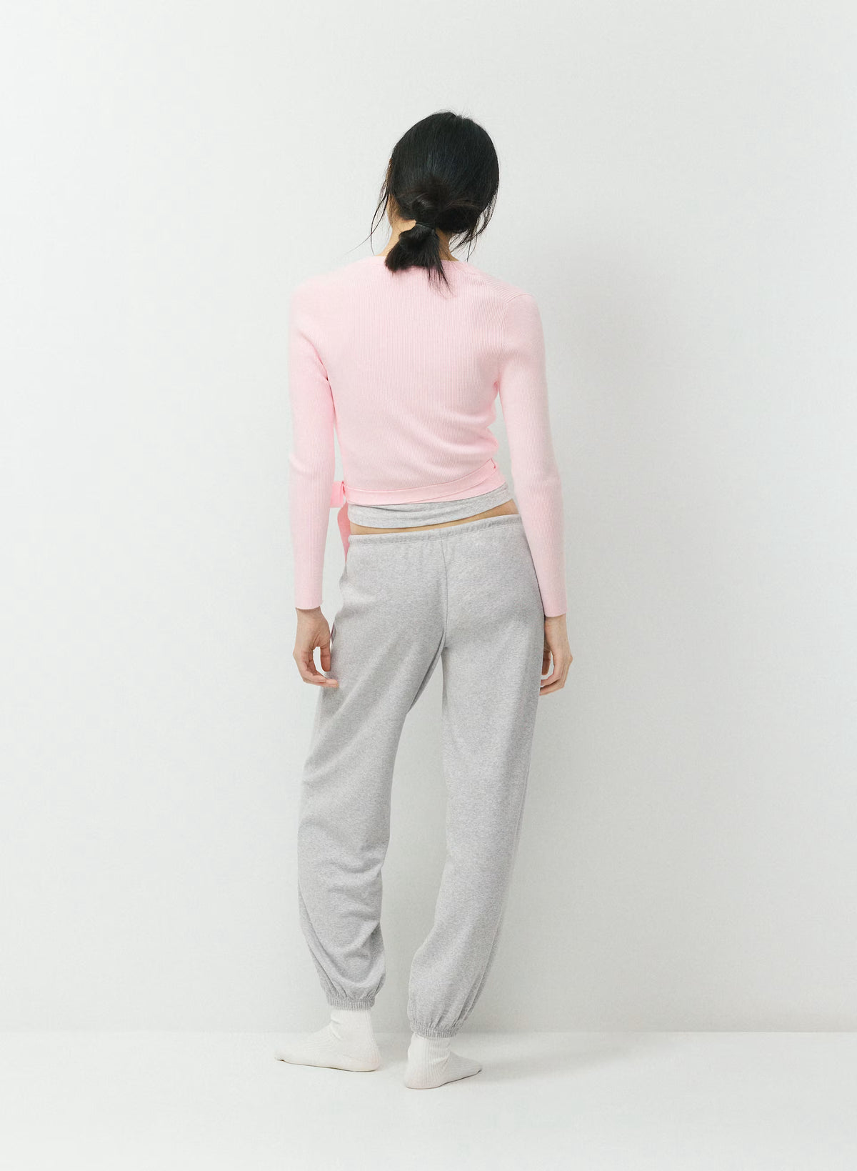 Wrap-Style Waist-Length Knit Top - Pink