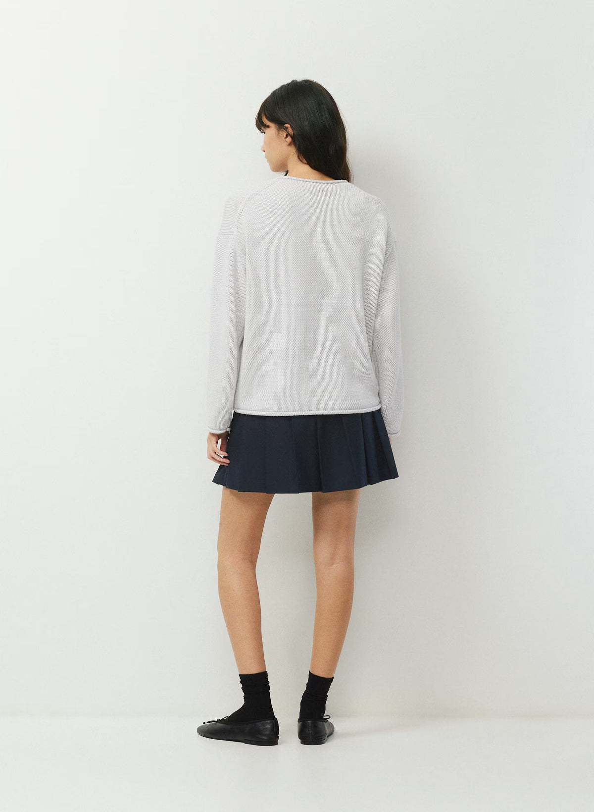 Cotton Cashmere Hip-Length Sweater - Navy