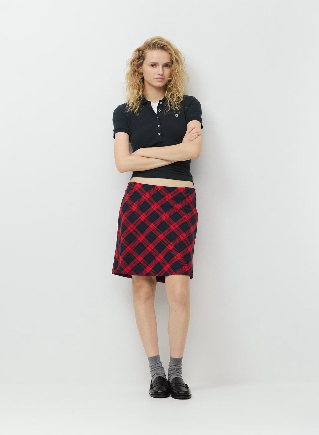 Low-Rise Knee-Length Twill Skirt - Navy Plaid
