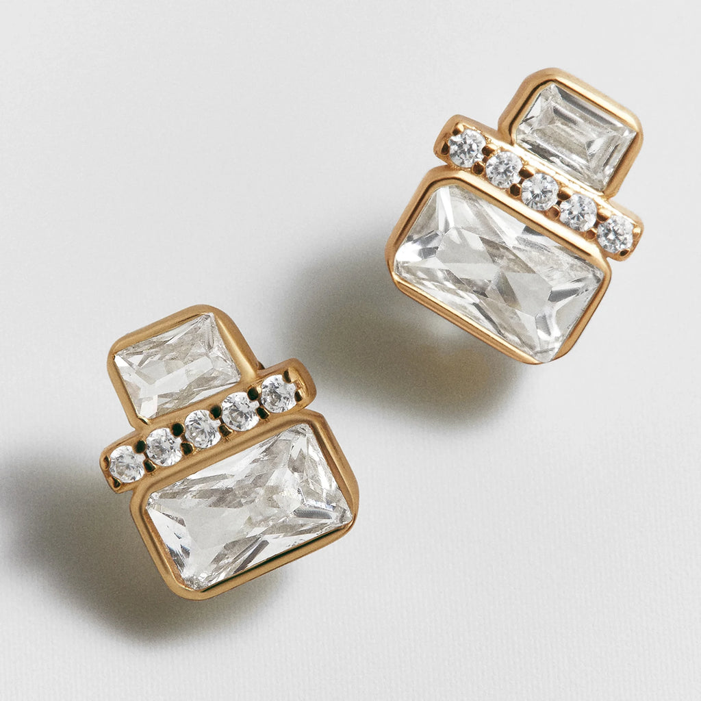 Gold-Plated Baguette Crystal Stud Earrings