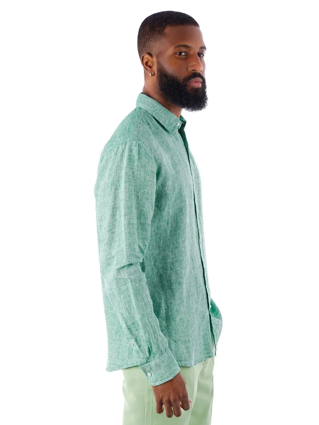 Men's Green Point Collar Linen Casual Shirt