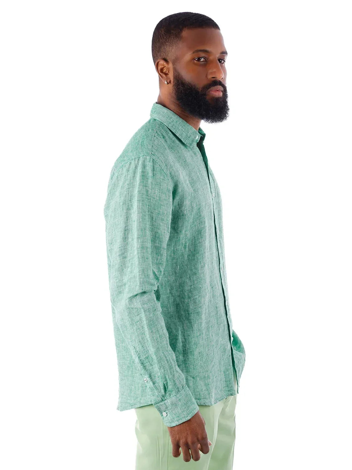 Men's Green Point Collar Linen Casual Shirt