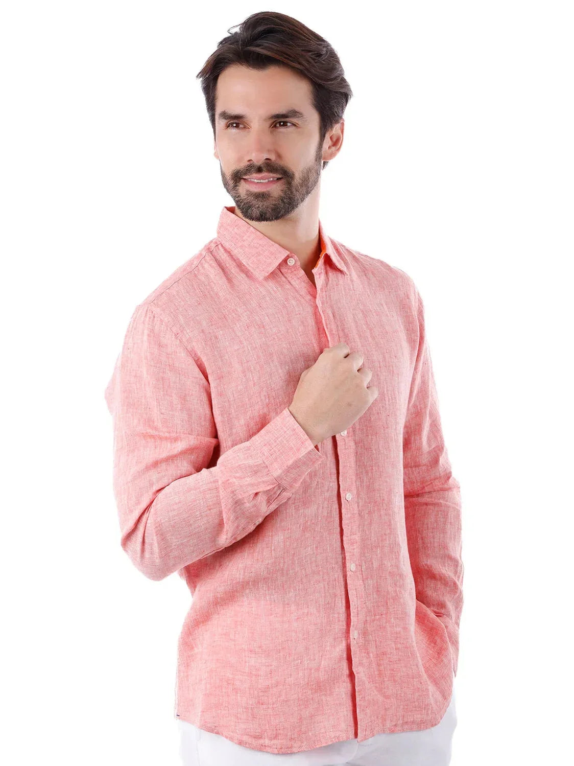 Men's Peach Point Collar Linen Casual Shirt
