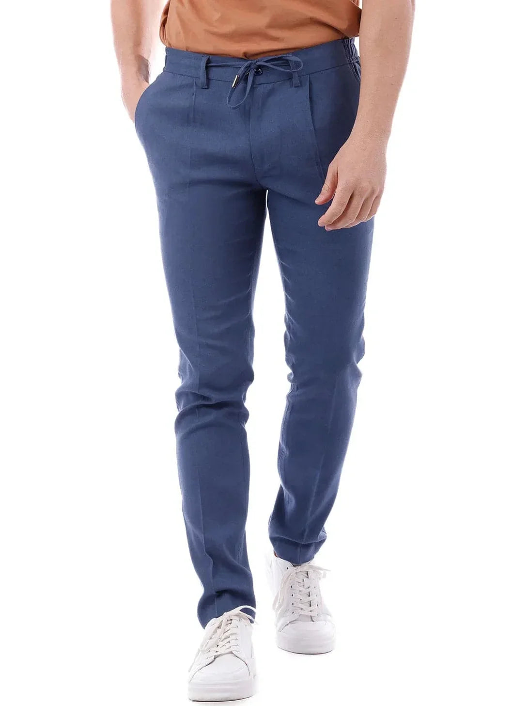 Men's Slim Fit Solid Blue Linen Cotton Blend Flat Front Dress Pants