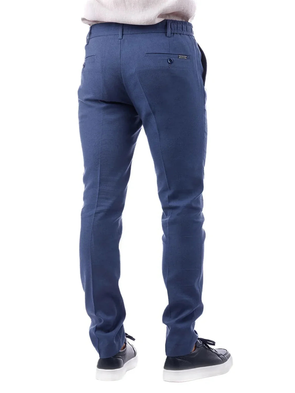 Men's Slim Fit Solid Blue Linen Cotton Blend Flat Front Dress Pants