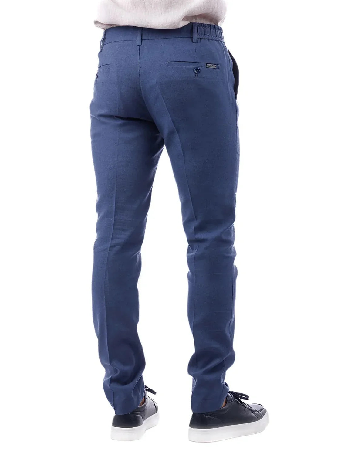 Men's Slim Fit Solid Blue Linen Cotton Blend Flat Front Dress Pants