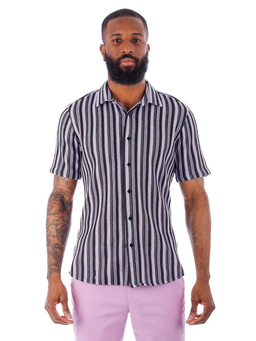 Men's Purple & Black Striped Cotton Knitted Short Sleeve Shirt