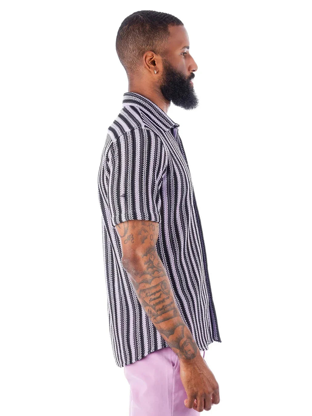 Men's Purple & Black Striped Cotton Knitted Short Sleeve Shirt