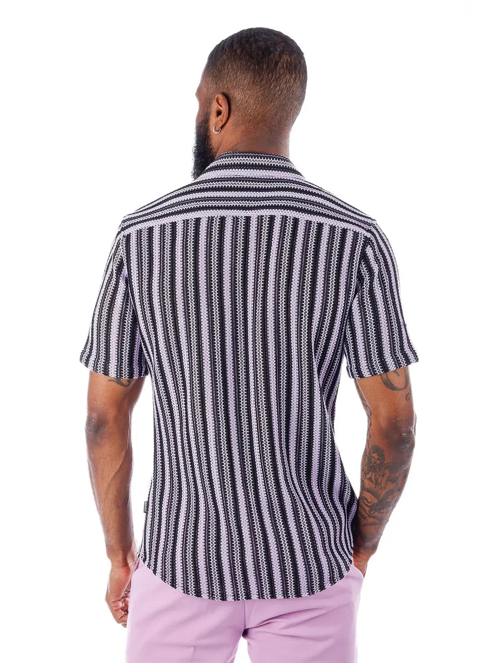 Men's Purple & Black Striped Cotton Knitted Short Sleeve Shirt