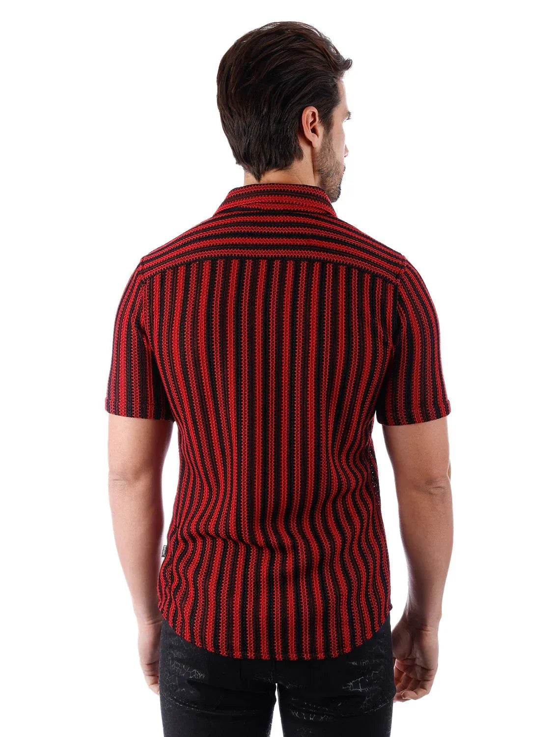 Men's Red & Black Striped Cotton Knitted Short Sleeve Shirt