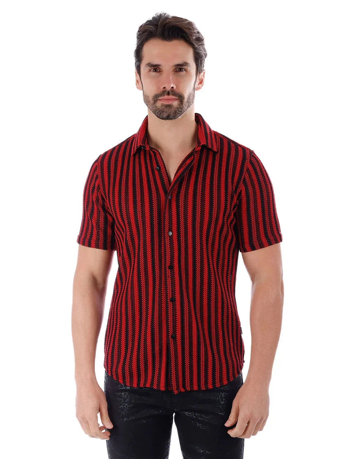 Men's Red & Black Striped Cotton Knitted Short Sleeve Shirt
