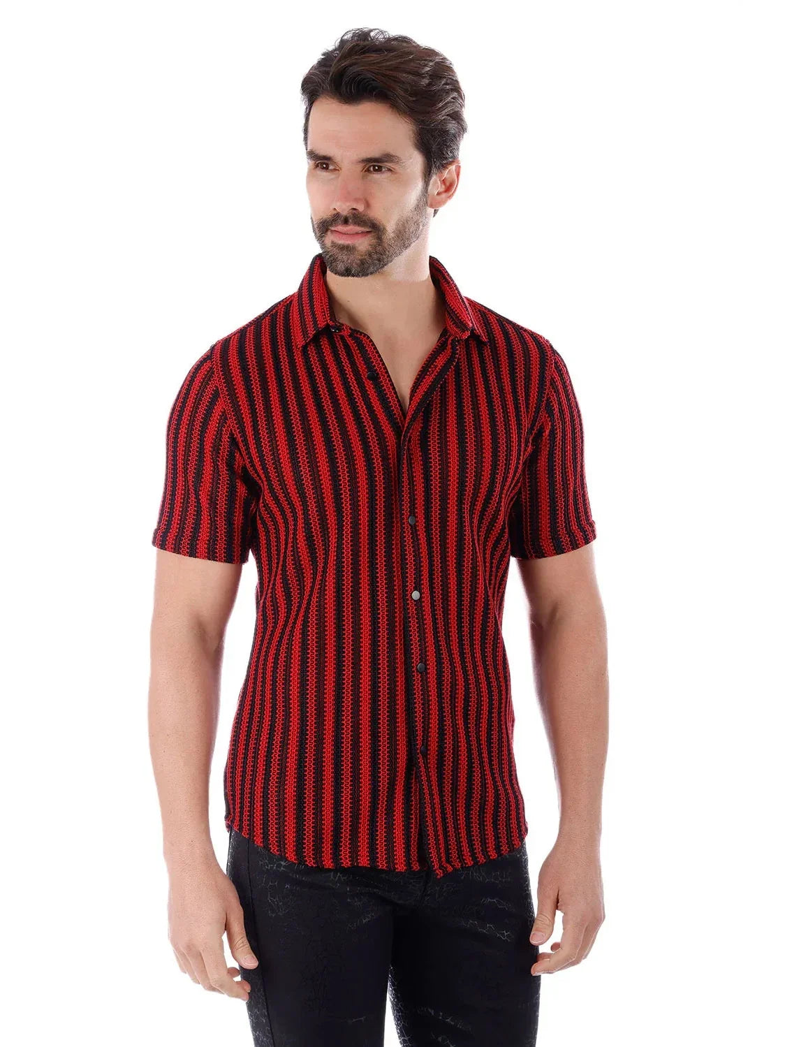 Men's Red & Black Striped Cotton Knitted Short Sleeve Shirt