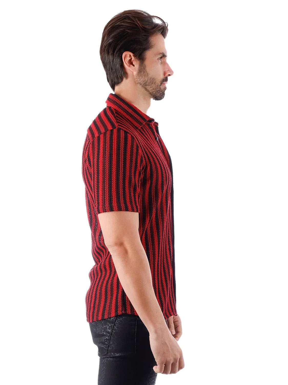 Men's Red & Black Striped Cotton Knitted Short Sleeve Shirt