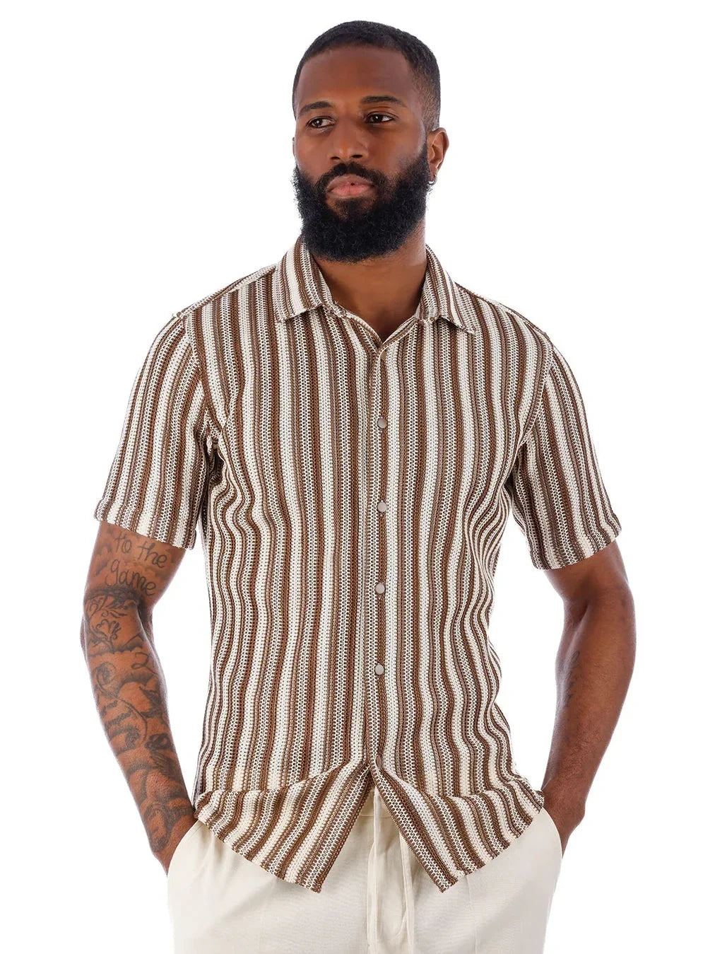 Men's Brown & White Striped Cotton Knitted Short Sleeve Shirt