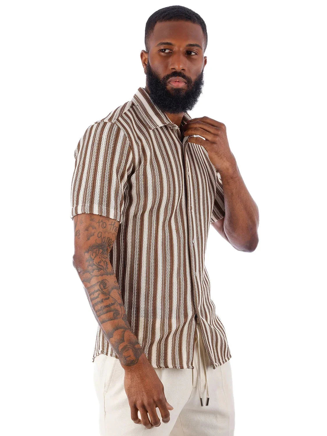 Men's Brown & White Striped Cotton Knitted Short Sleeve Shirt