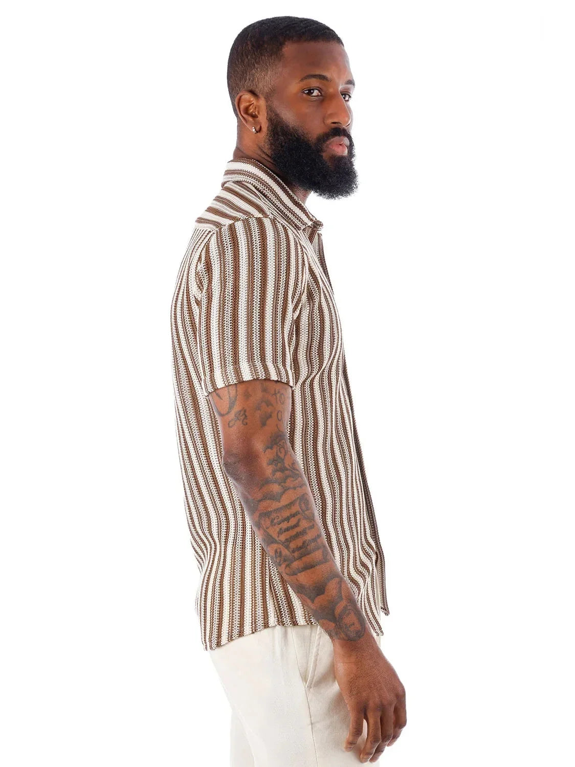 Men's Brown & White Striped Cotton Knitted Short Sleeve Shirt