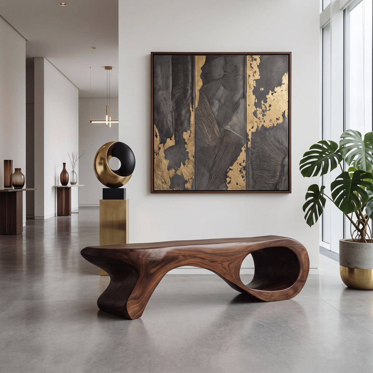 Sculptural Solid Wood Entryway Bench with Carved Curves in Walnut finish