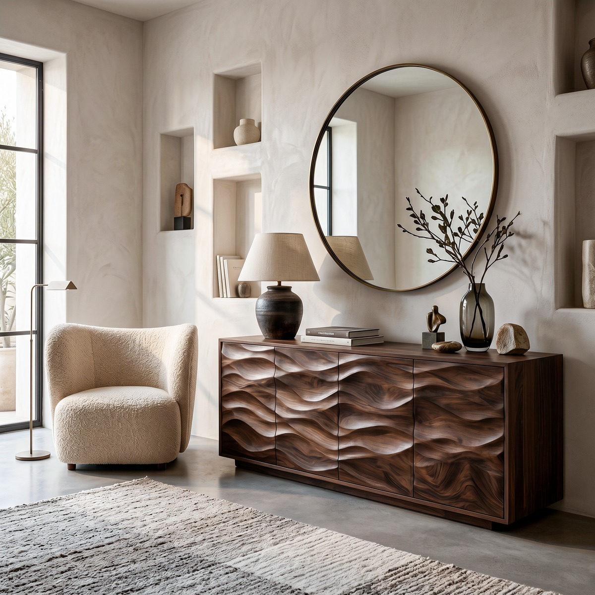 Minimalist Solid Wood Sideboard with Wave-Carved Doors in Walnut finish