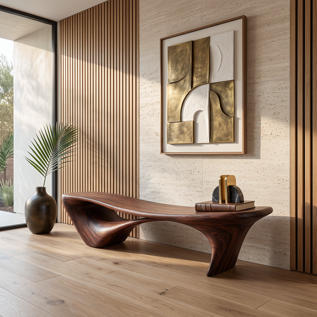 Wave-Form Sculptural Solid Wood Bench for Entryway or Living Room in Walnut finish