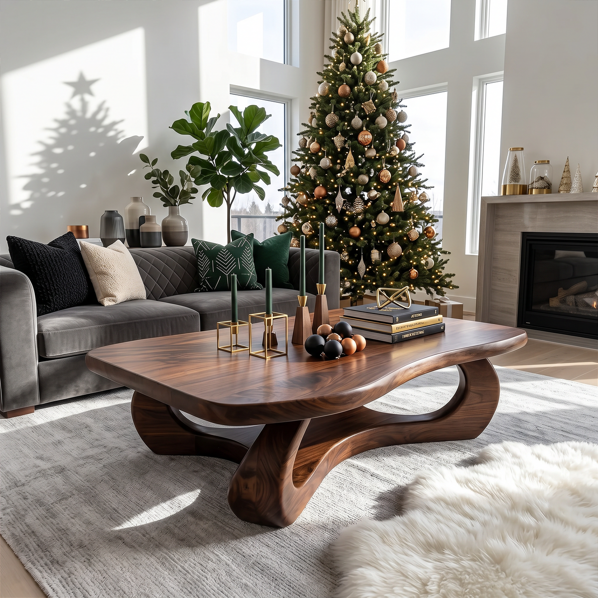 Live Edge Driftwood Coffee Table with Sculptural Organic Form in Walnut finish