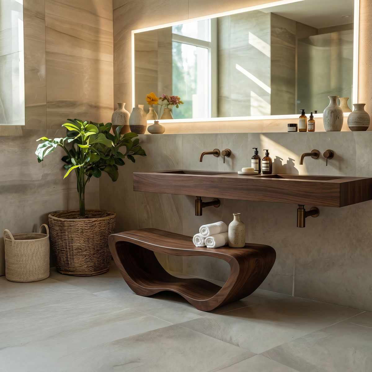 Solid Wood Organic Shower Bench with Open Towel Storage in Walnut finish