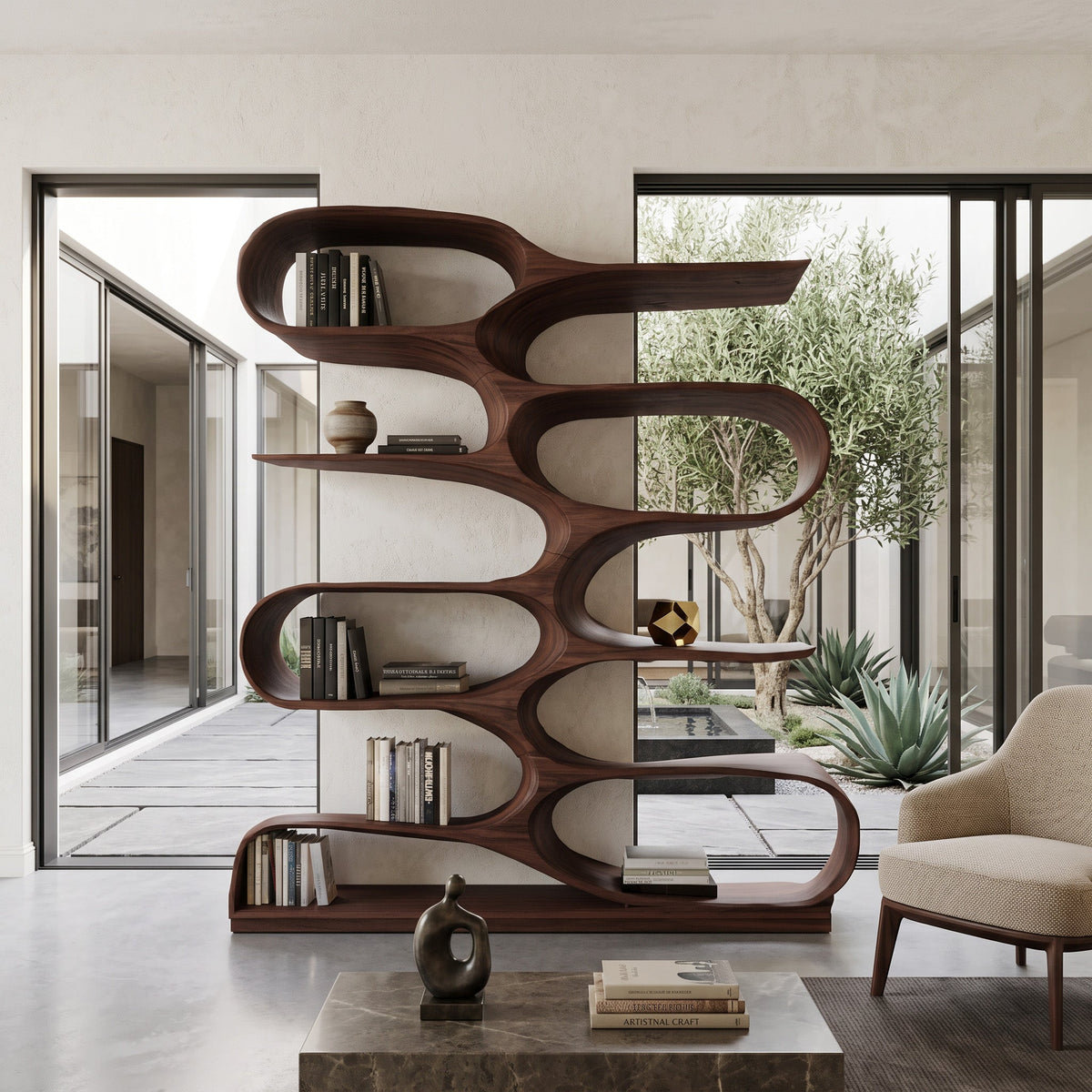 Organic Solid Wood Bookshelf with Wave-Shaped Curved Tiers in Walnut finish