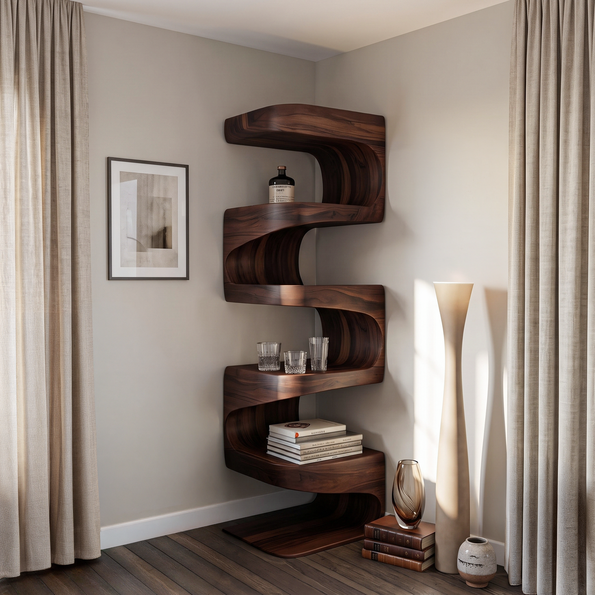 Modern Corner Wave Bookshelf in Solid Wood with Tiered Shelves in Walnut finish